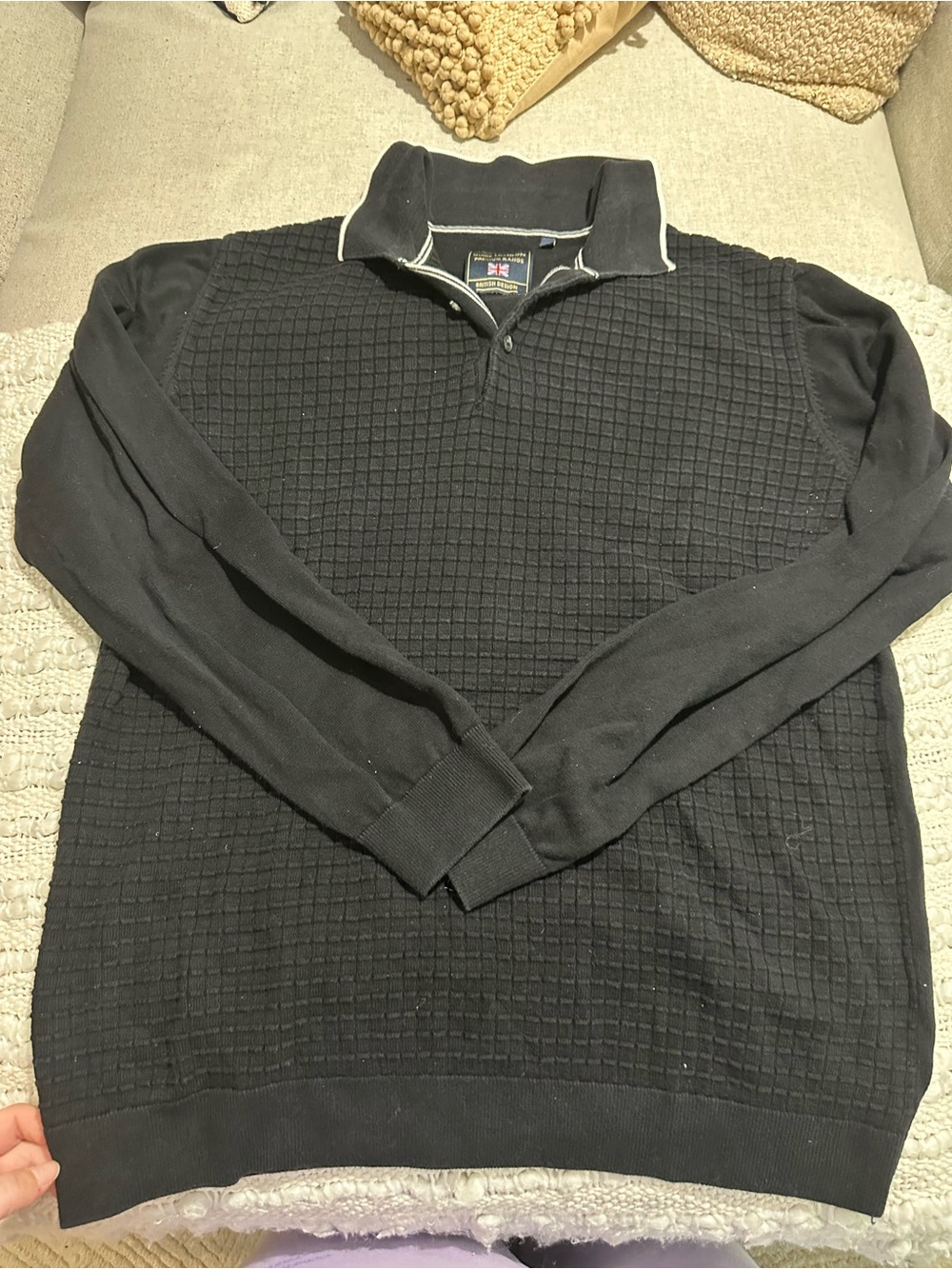 Men's Quilted-Texture Button-Neck Sweater - Black